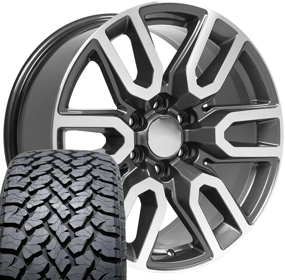 OE Wheels CV36 20 Inch Rims and Tires Fit Sierra 1500 Style 6x139.7 20x9 Gloss Gunmetal Machined - Hollander 5914 - TS-37 AT 275/55-20 (Set of 4)