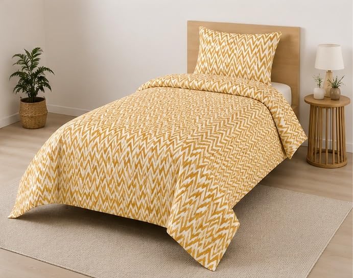Image of 210 TC Glace Cotton Soft Cotton Zig Zag Design Flat Queen Size 60x90 inches Bedsheet Set - Lightweight & Durable 1 Bed Sheet with 1 Pillowcase 17x27 inches Yellow