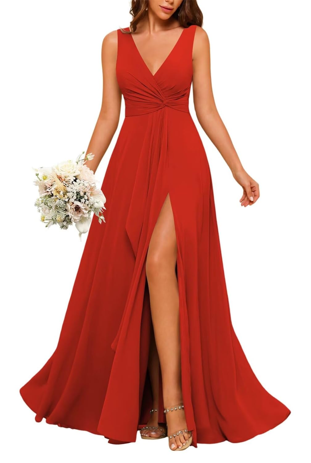 HPPEE V Neck Chiffon Bridesmaid Dresses Red for Women with Slit Beach Formal Dress for Wedding Party UK12