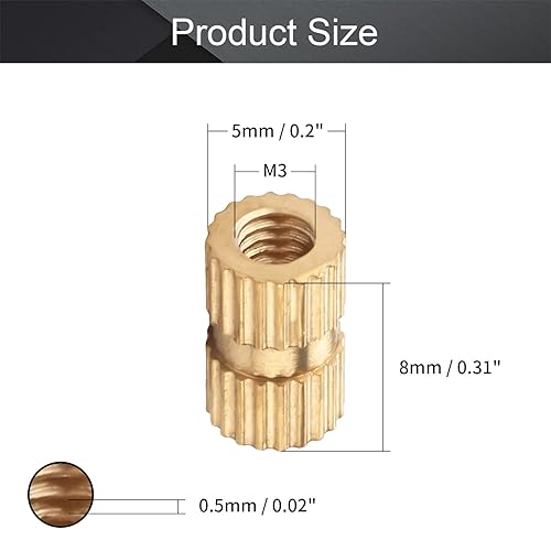 Miniatura 2 de MroMax Tuercas de inserción moleteadas M3 de 0.197 in (OD) x 0.315 in de alto, tuercas de incrustación de cobre métricas de rosca hembra, junta