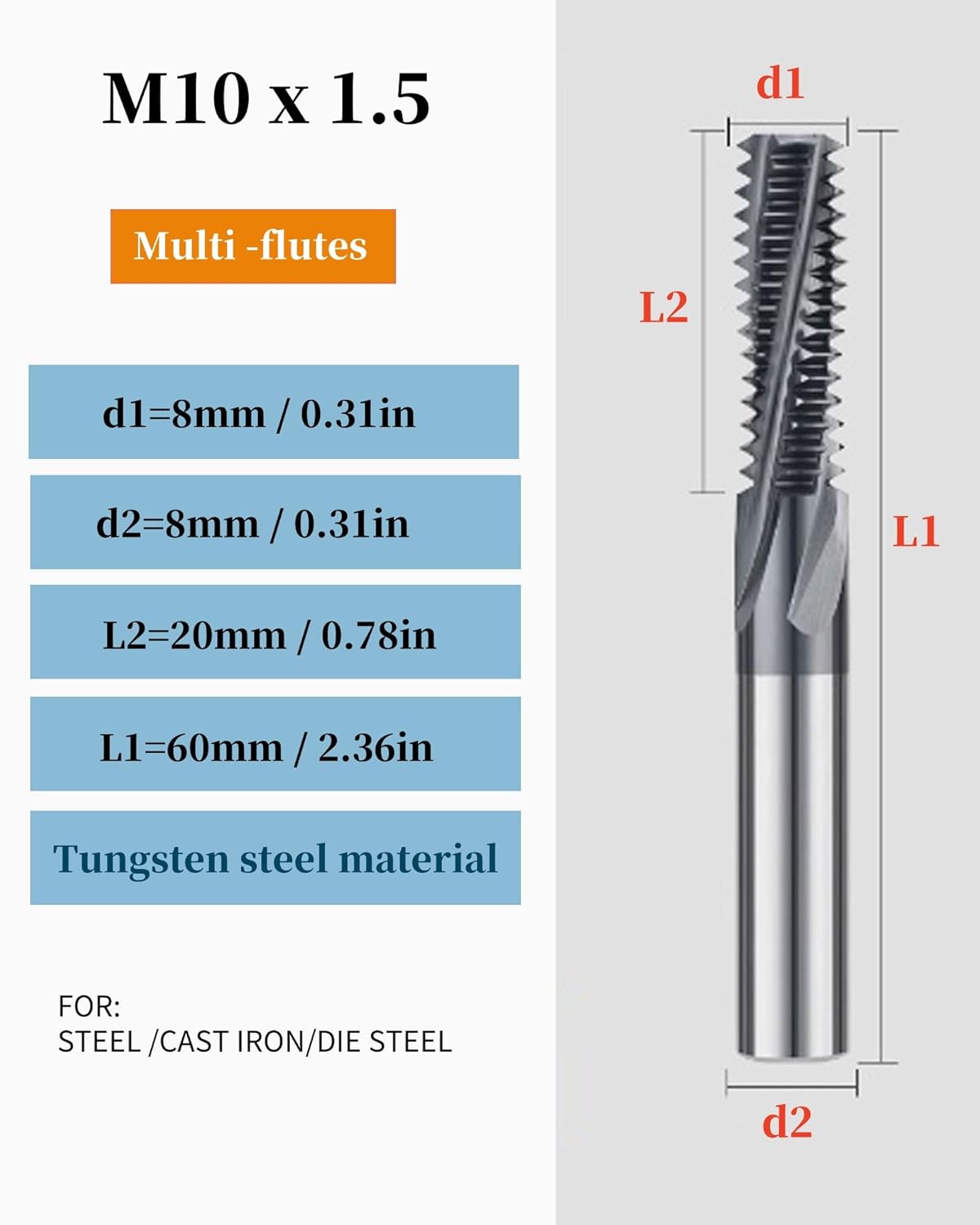 GBJ Multi Flutes Solid Carbide Thread end Mill AlCrN Coated, 0.31in Cutting Diameter, Necked to Thread 0.86in Deep, 0.31n Shank Diameter,2.36 in Overall Length