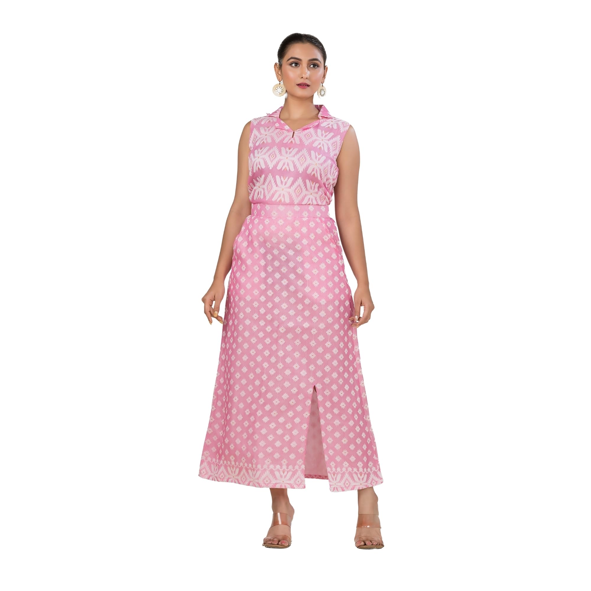 crazy needle Women's Cotton Jamdani Sleeveless Pink Top With Pencil Skirt|Ankle Length-picture-0