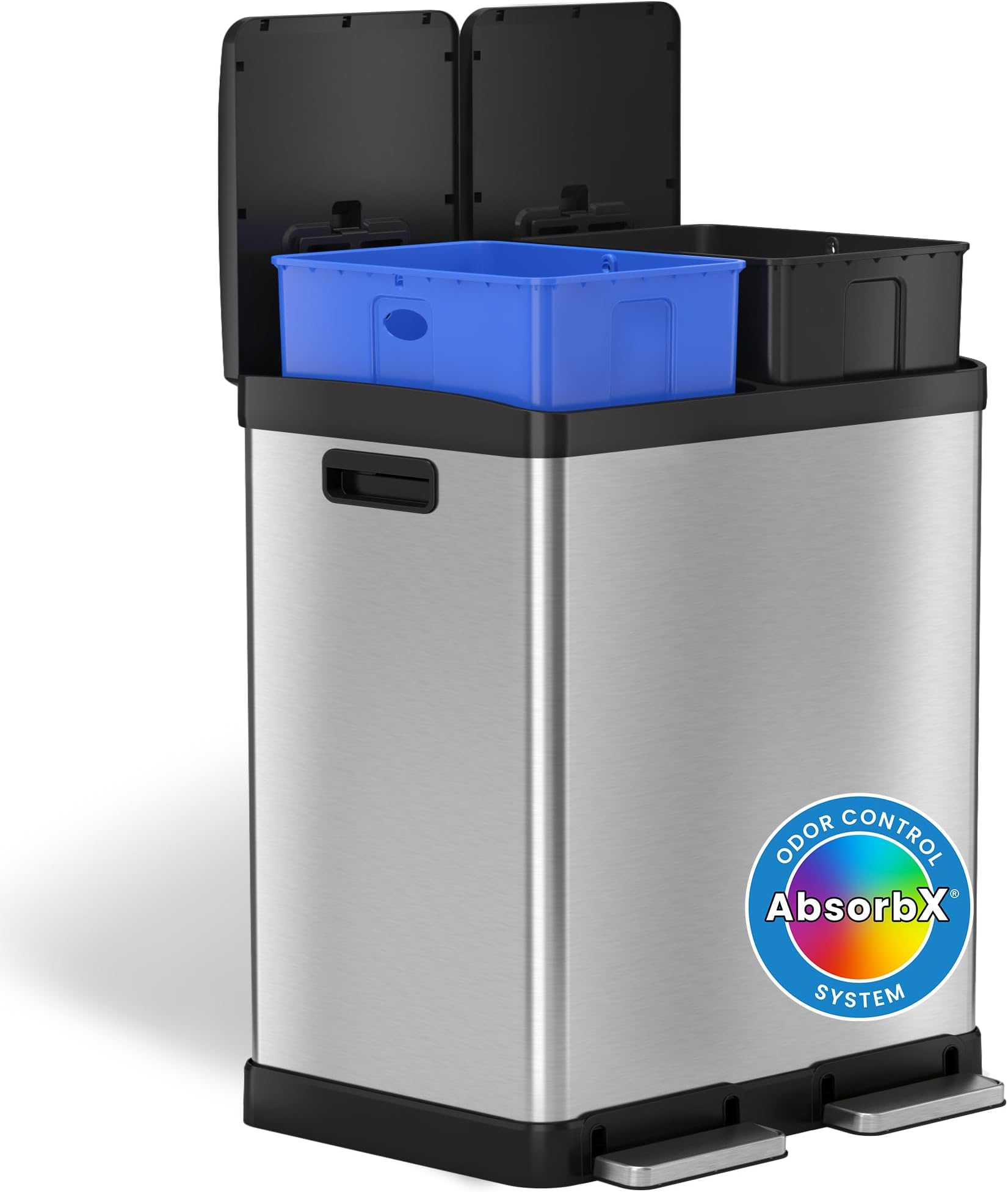 iTouchless SoftStep 16 Gallon Step Trash Can & Recycle Bin with Activated Carbon Filters System, Stainless Steel, 2 x 8 Gallon (30L) Removable Color-Coded Buckets, Soft Close and Airtight Seal