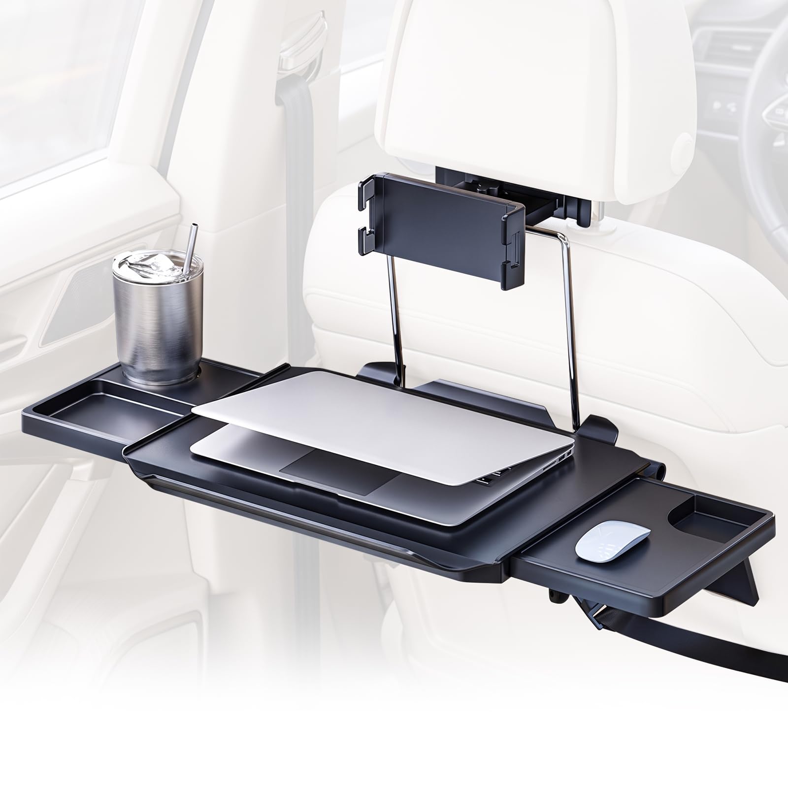 Tavolo pieghevole per auto, allungabile, per l'uso sui sedili anteriori e posteriori, design ergonomico, con portabicchieri nascosti e supporto per cellulare, per lavoro e relax