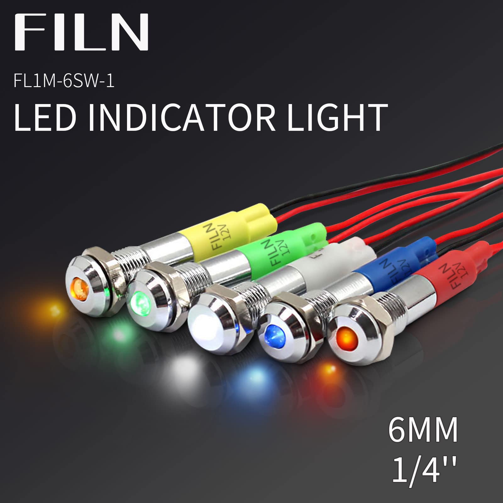 10Pcs 12V/24V LED Panel Indicator Lights - 6mm Brass Nickel Plated Metal Signal Lamps (5 Colors)