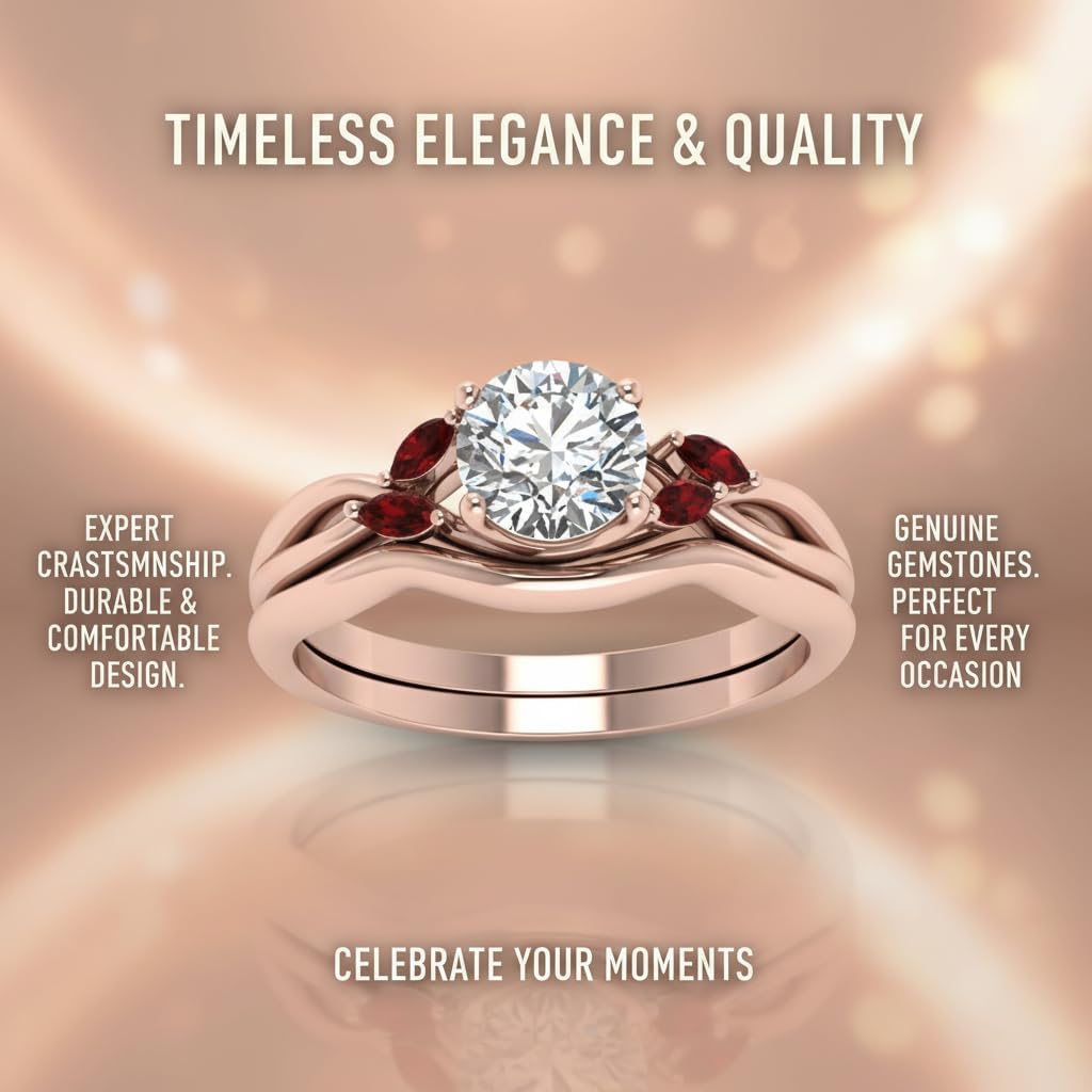 Choose Your Gemstone Round Cut Twisted Diamond CZ Ring with Matching Curved Band Rose Gold Plated Round Shape Wedding Ring for Womens US Size 4 to 12