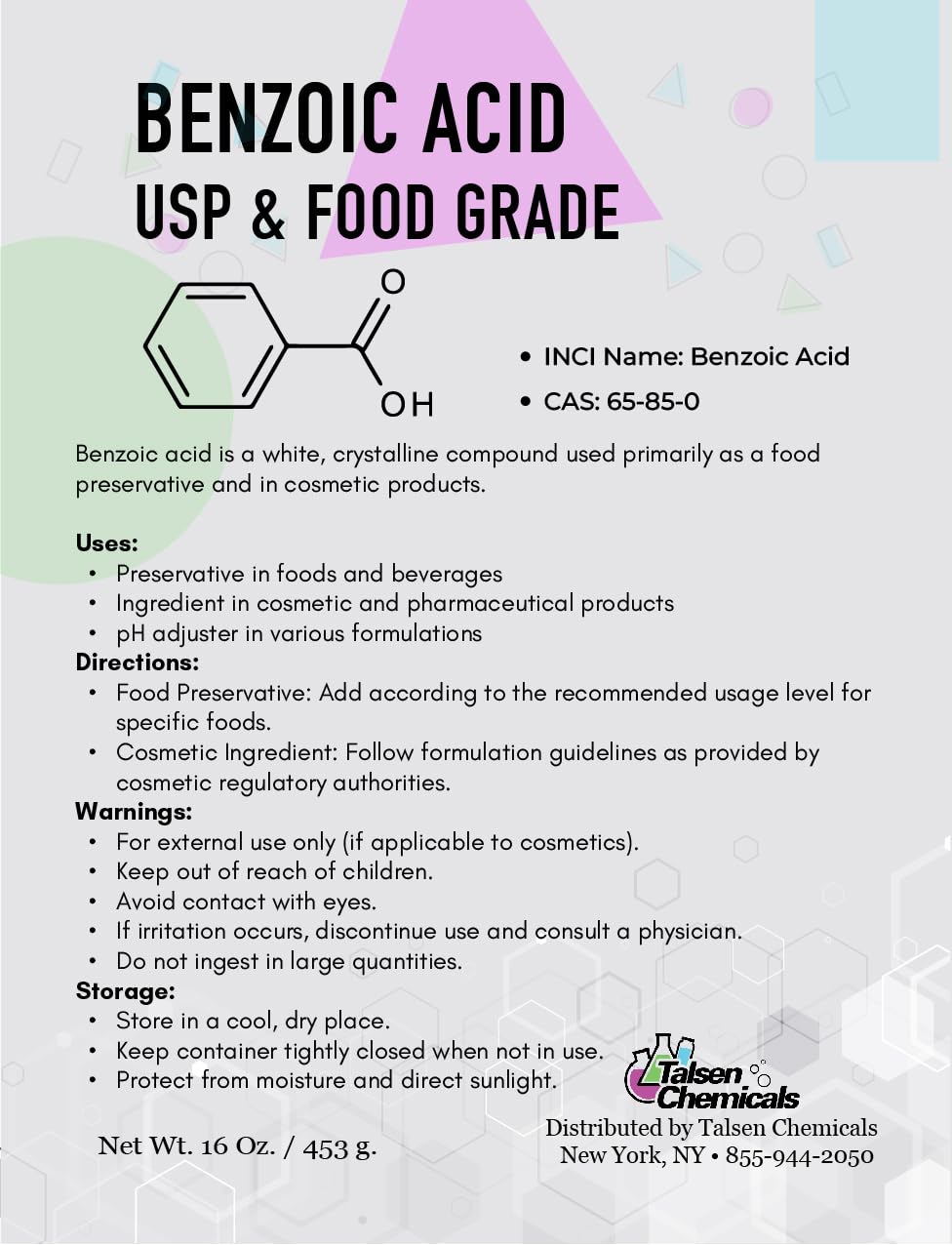 Benzoic Acid Powder USP Grade 16 oz / 453 g - 99% Pure for Preservative for Formulations, pH Regulation - Premium Quality Cosmetic Formulations and DIY Personal Care Formulations by Talsen Chemicals