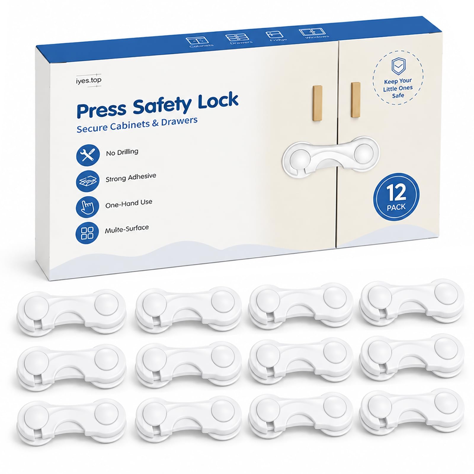 Child Safety Cupboard Locks, Baby Proof Locks for Cupboard & Drawers, One-Hand Release Design, No Drill Adhesive Child Locks for Kitchen Cupboards, Bathroom & Storage Cabinets, 12 Pack