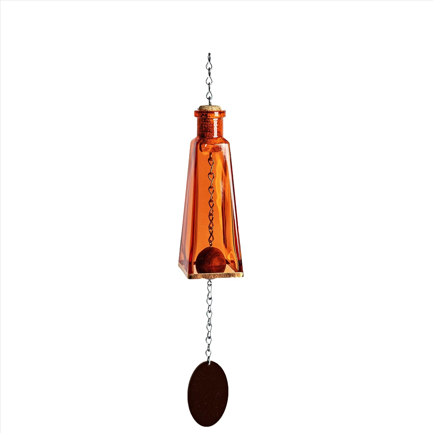 Blue Ridge Mountain Gifts Pyramid Bottle Wind Chime for Garden & Porch Decor w/Cooper Accent, Stained Wooden Ball, & Colorful Glass Bottles - Ideal for Wind Chime Lovers (Red, Orange, Yellow)