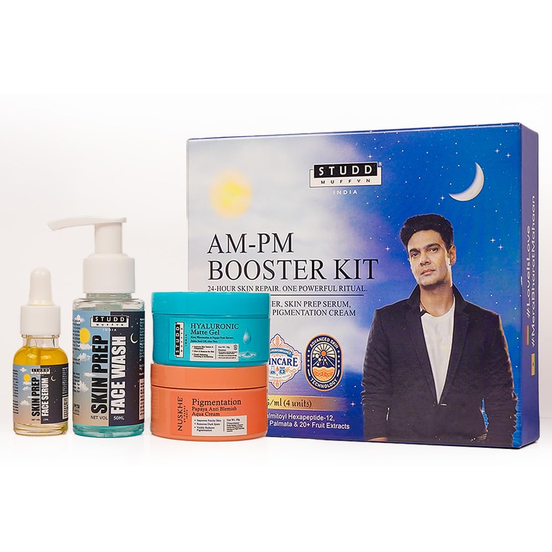 Studd Muffyn | AM/PM Booster 15 Day Kit 165ml | Pigmentation & Dark Spot Care Routine | Hyaluronic Acid, Niacinamide & Peptides | Day & Night Skincare System for Even Skin Tone & Glow | Skin Prep cleanser + Skin prep serum + Hyaluronic gel + Pigmentation cream | For Men & Women