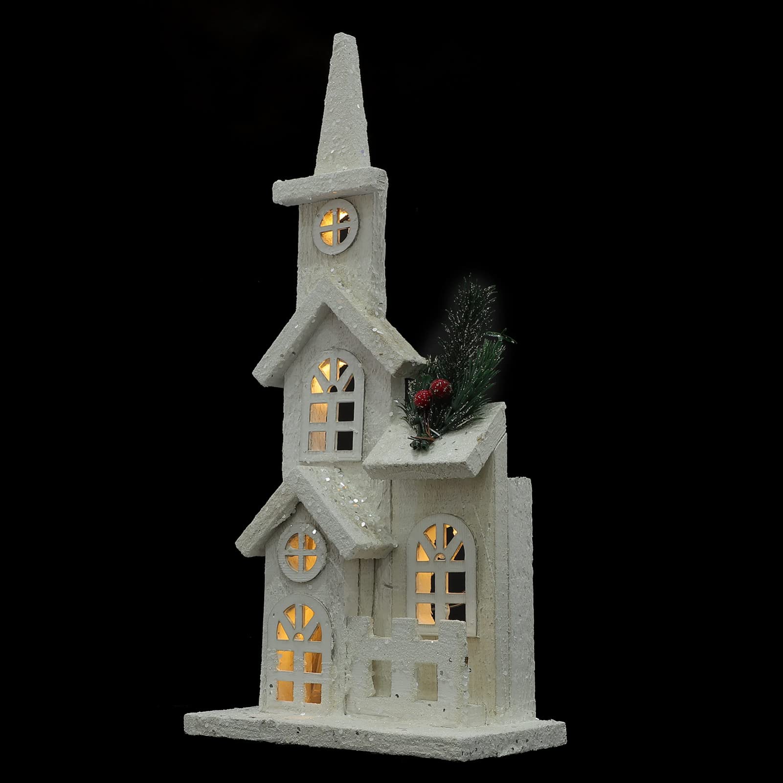 NUOBESTY Christmas Wood Village Christmas LED Church Light House Snow Scene Xmas Decorations for Desktop Ornament Holiday Home Decor