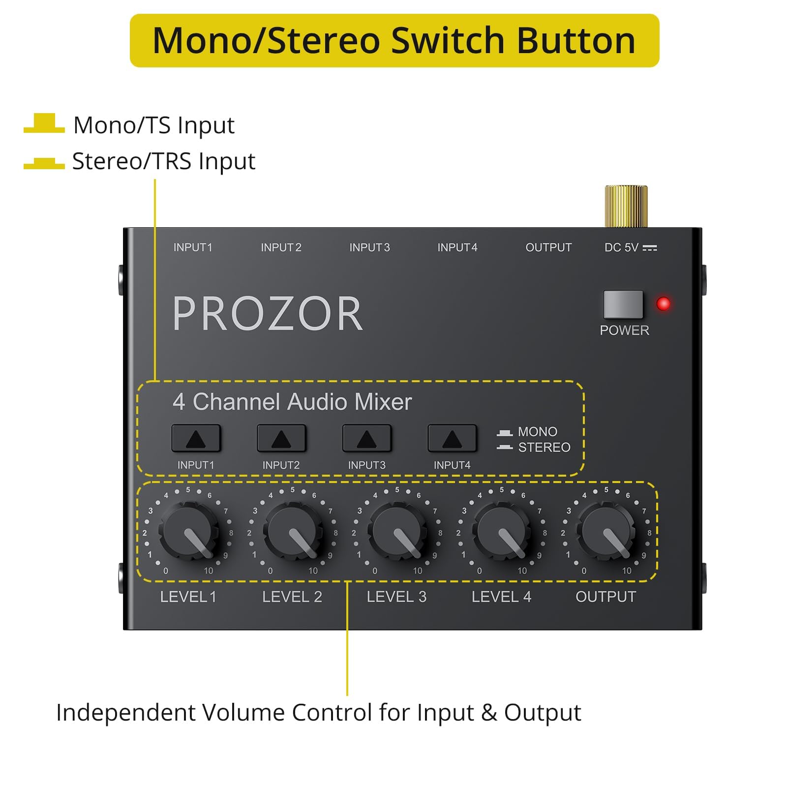 PROZOR Mélangeur Audio 4 Canaux 6.35mm Contrôle Volume Indépendant + Switch Mono/Stéréo USB-C Interrupteur Marche/Arrêt Boîtier Métallique Ultra-Faible Bruit Pour Home Studio Guitare Clavier Micro