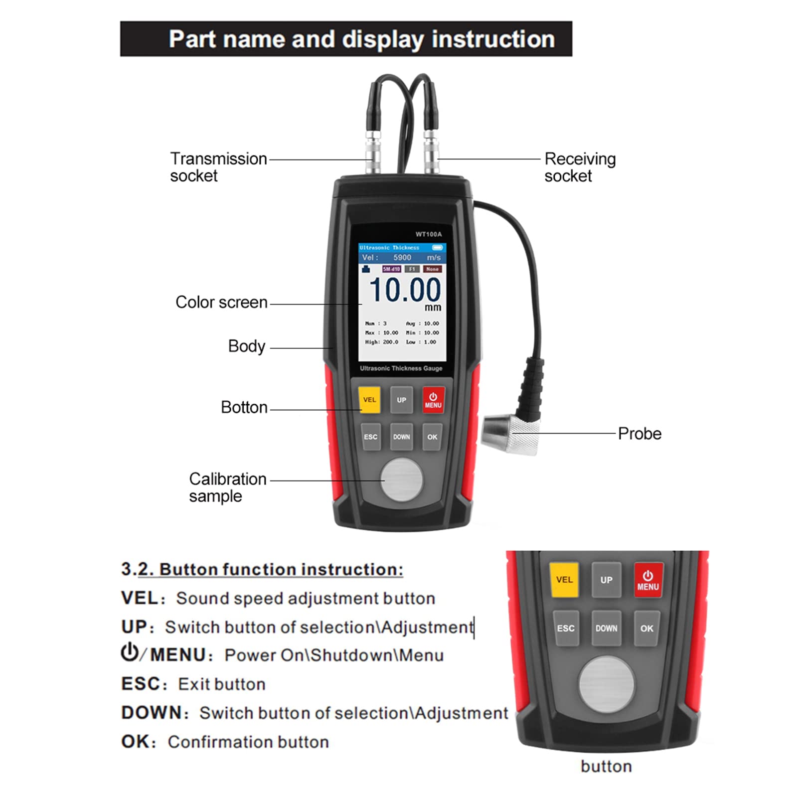 WT100A Spessimetro ad Ultrasuoni Digitale 1-225 mm 1000-9999 m/s Tester