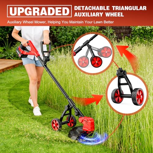 Image of 6000mAh Cordless Electric Weed Wacker, 12 inch Brushless Cordless String Trimmer, 4 in 1 Weed Eater /Brush Cutter /Weed Trimmer with 2*Batteries Powered & Auxiliary Wheels, Grass Trimmer (Red A)