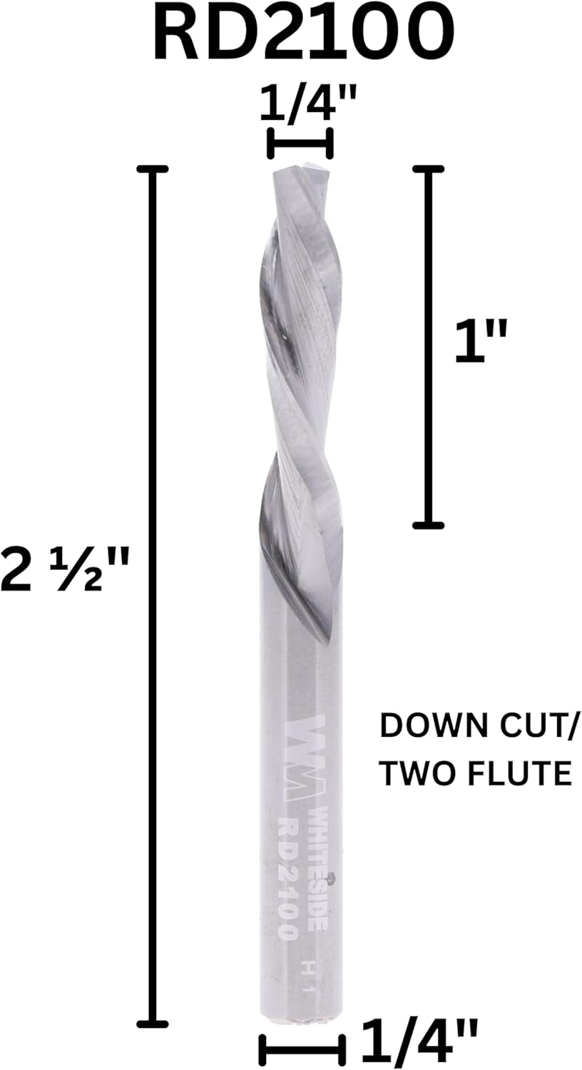 Whiteside Router Bits RD2100 Standard Spiral Bit with Down Cut Solid Carbide 1/4-Inch Cutting Diameter and 1-Inch Cutting Length