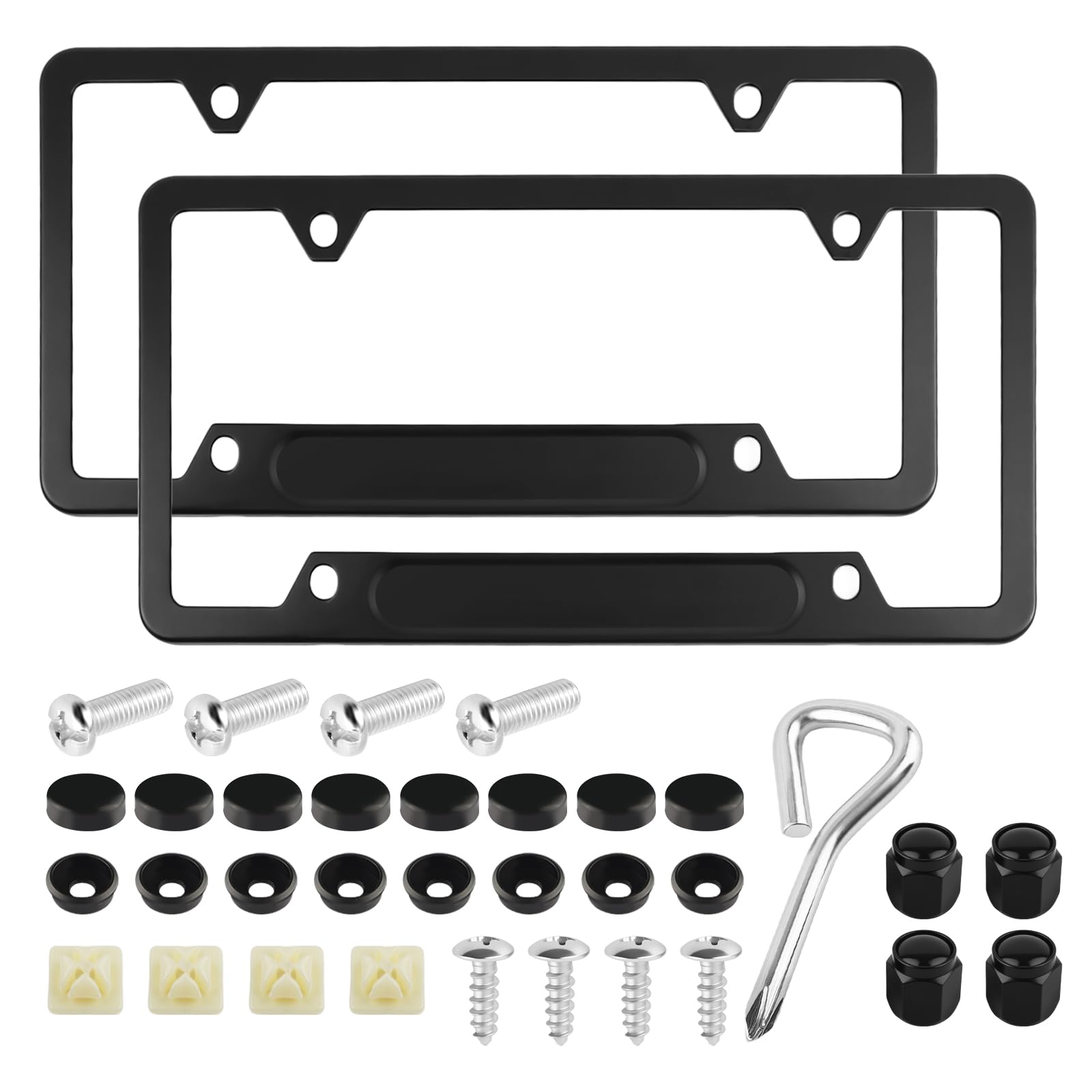 2PCS Aluminum Alloy Car License Plate Frames with Car Valve Stem Caps,Sturdy Cars Plates Frame Protects & Decorates Your License Plate,4 Holes Cars Licence Plates Frame Holder