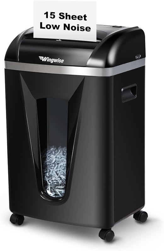 Wingwise Paper Shredder for Home, 15 Sheet Heavy Duty Cross Cut Shredders for Office Use, 5.8-Gal Bin with Transparent Window, P-4, 15 Mins Runtime, Shreds Credit Cards & CDs, Staples & Paper Clips