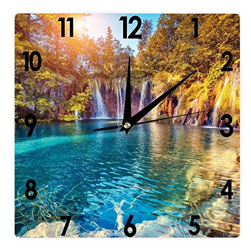Higoss Reloj de pared cuadrado cascada y árboles, Jamaica Silent Non-ticicking Clock 12 pulgadas, funciona con pilas, paisaje/paisaje urbano Farmhouse/hogar y oficina Decoración Cover