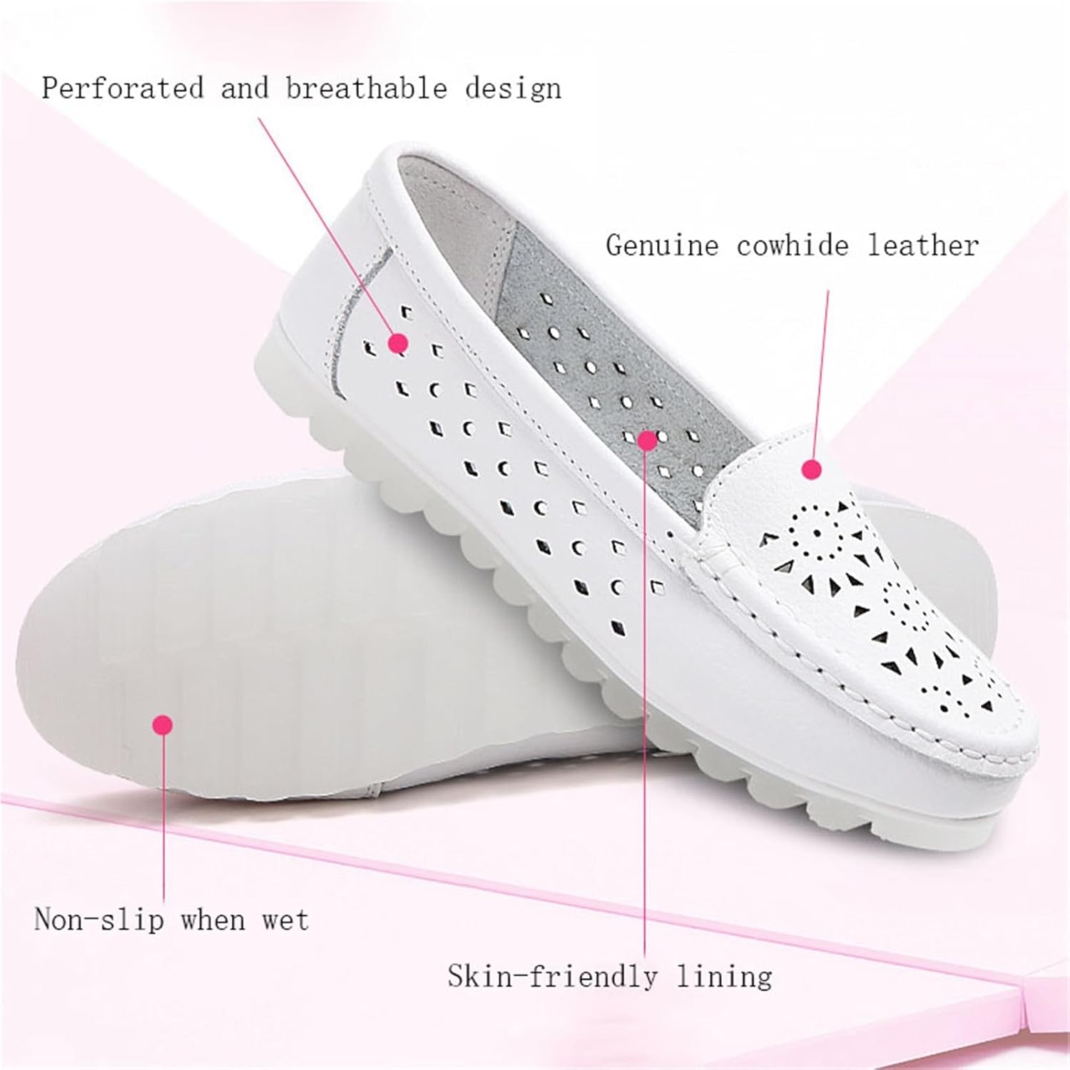 Fashionable Slip on Nurse Shoes, Women Platform Hollow Out Breathable Leather Non-Slip White Nursing Shoes, Casual Walking Driving Flats, Ideal for Medical Healthcare Crews