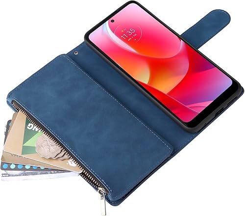 Miniatura 5 de LBYZCASE Funda 4G para Moto G Stylus (2022) con tarjetero, duradera, de lujo, magnética, de piel, con cremallera, bolsillo, correa para la muñeca,