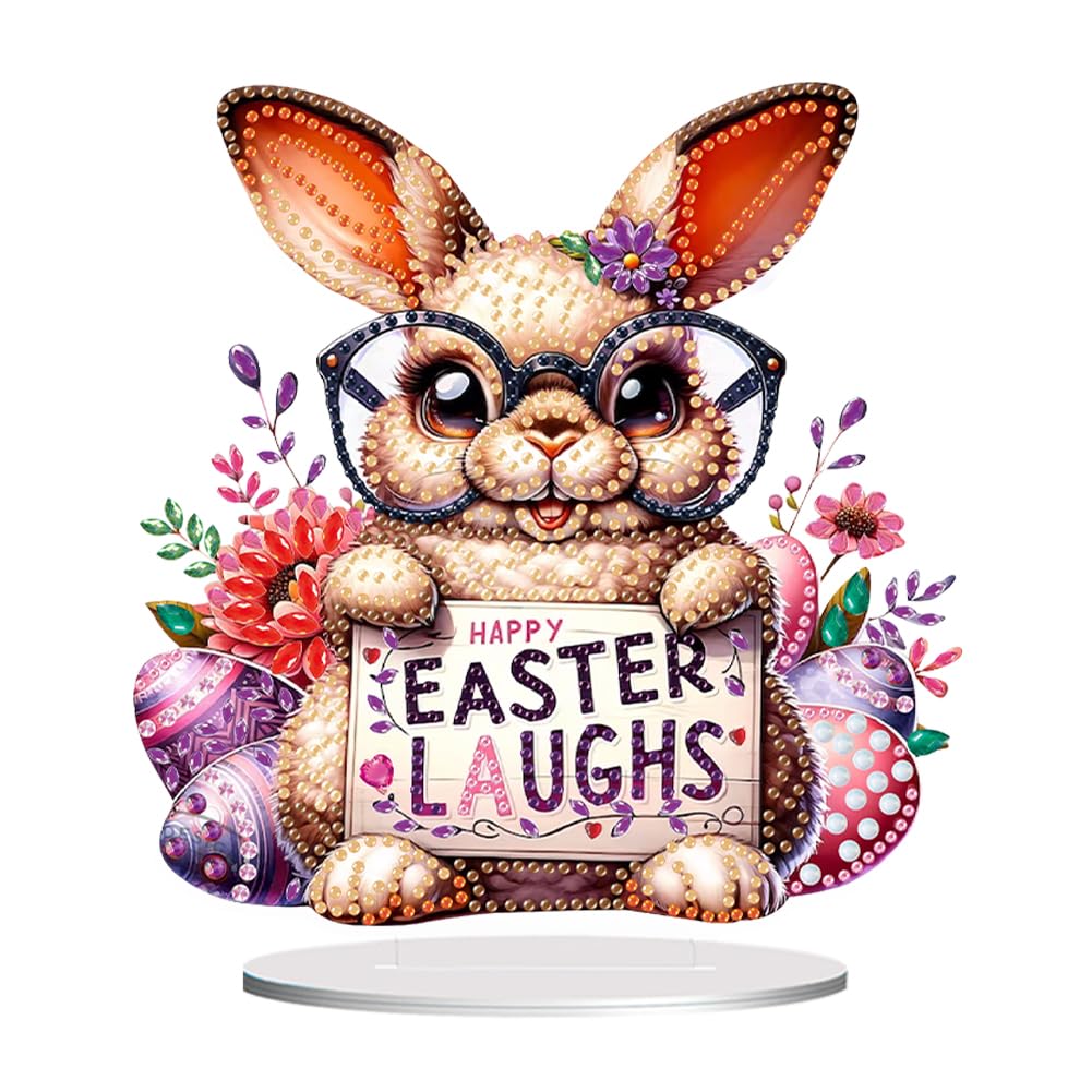 Easter Diamond Art Painting Desktop Kit with Stand, Special Shaped Diamond Art Tabletop Ornament, DIY Decor Craft Gift for Adults Beginners(Easter Flower Rabbit-03)