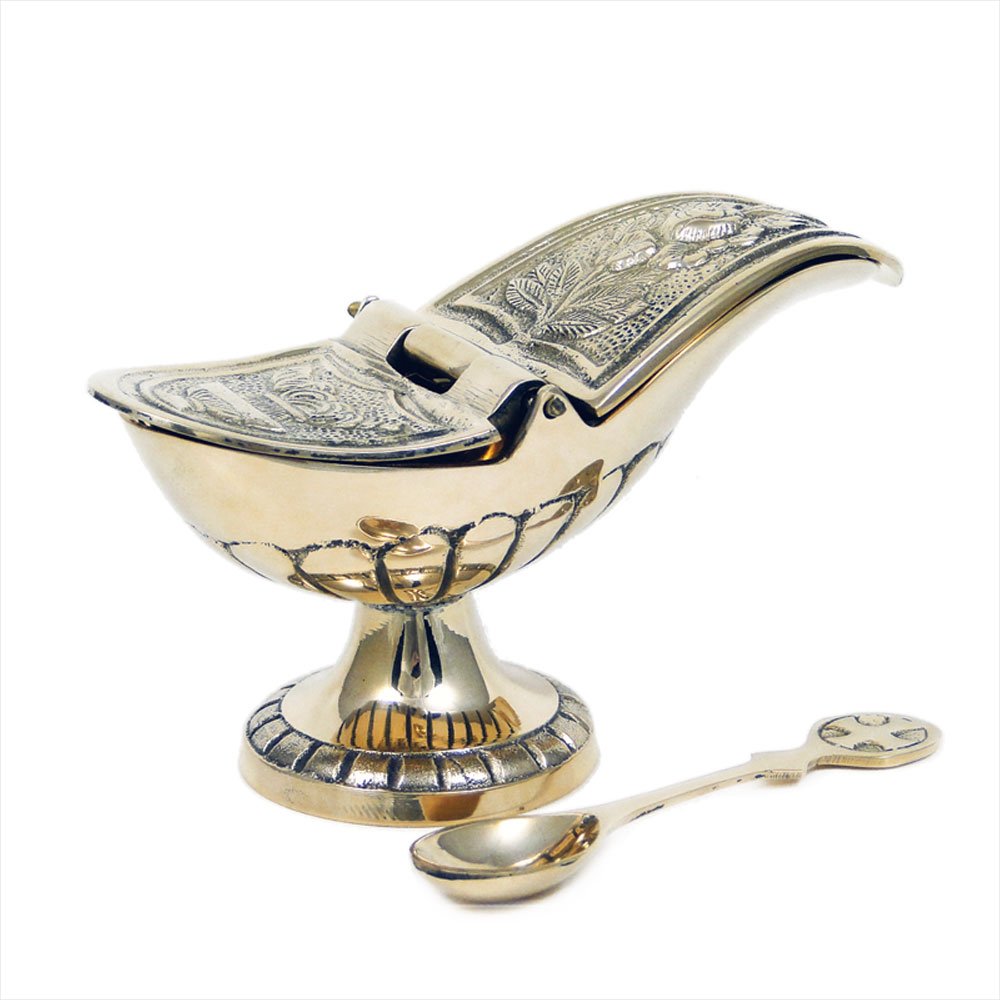 Nklaus Gold Incense Boat With Hinged Lid And Spoon Solid Brass Polished 2942