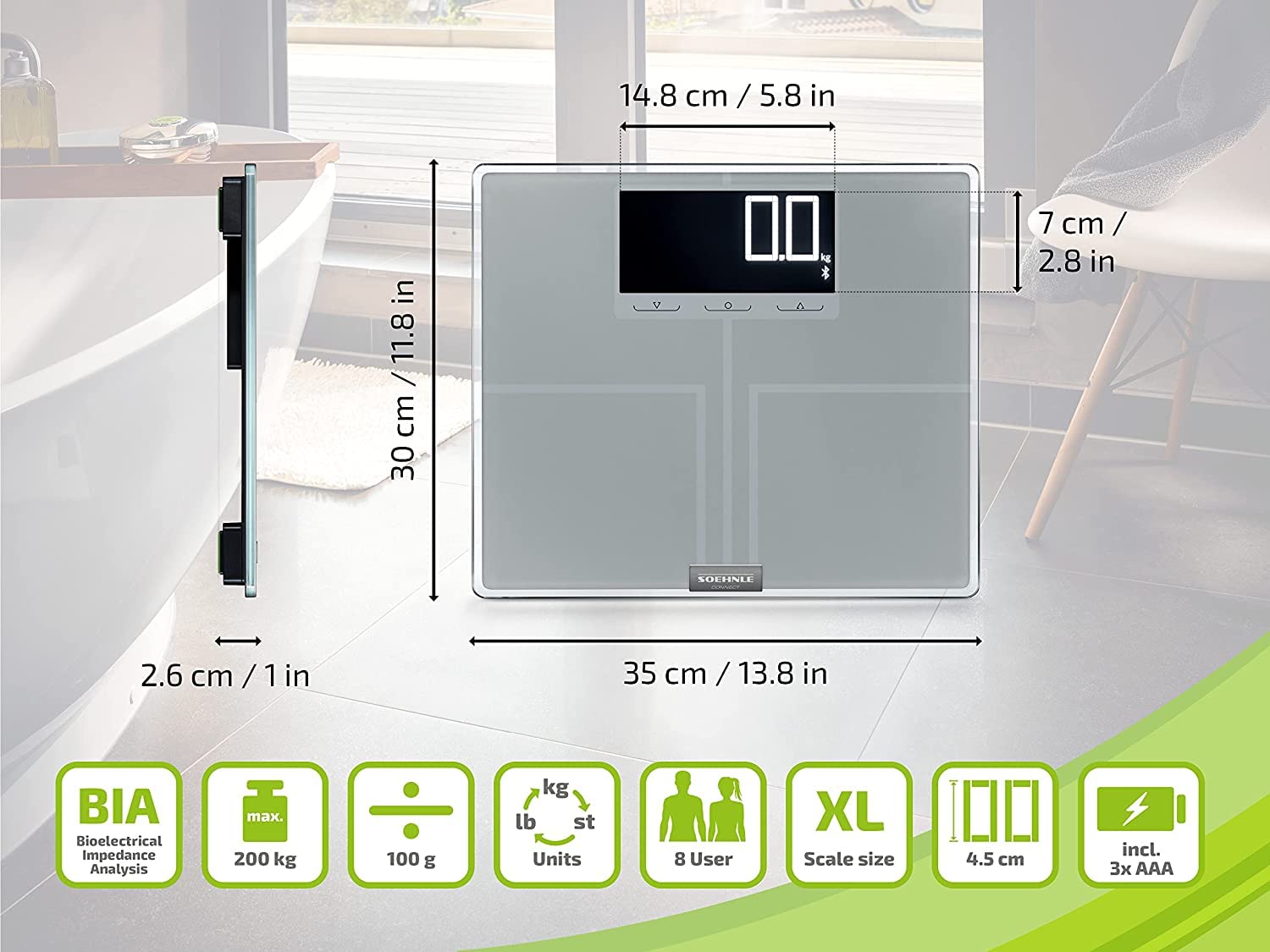 Soehnle Pèse personne connecté Shape Sense Connect 200, Balance connectée | Balance électronique impédancemètre, 200 kg, mode athlète, 8 utilisateurs, technologie BIA, écran LCD rétroéclairé