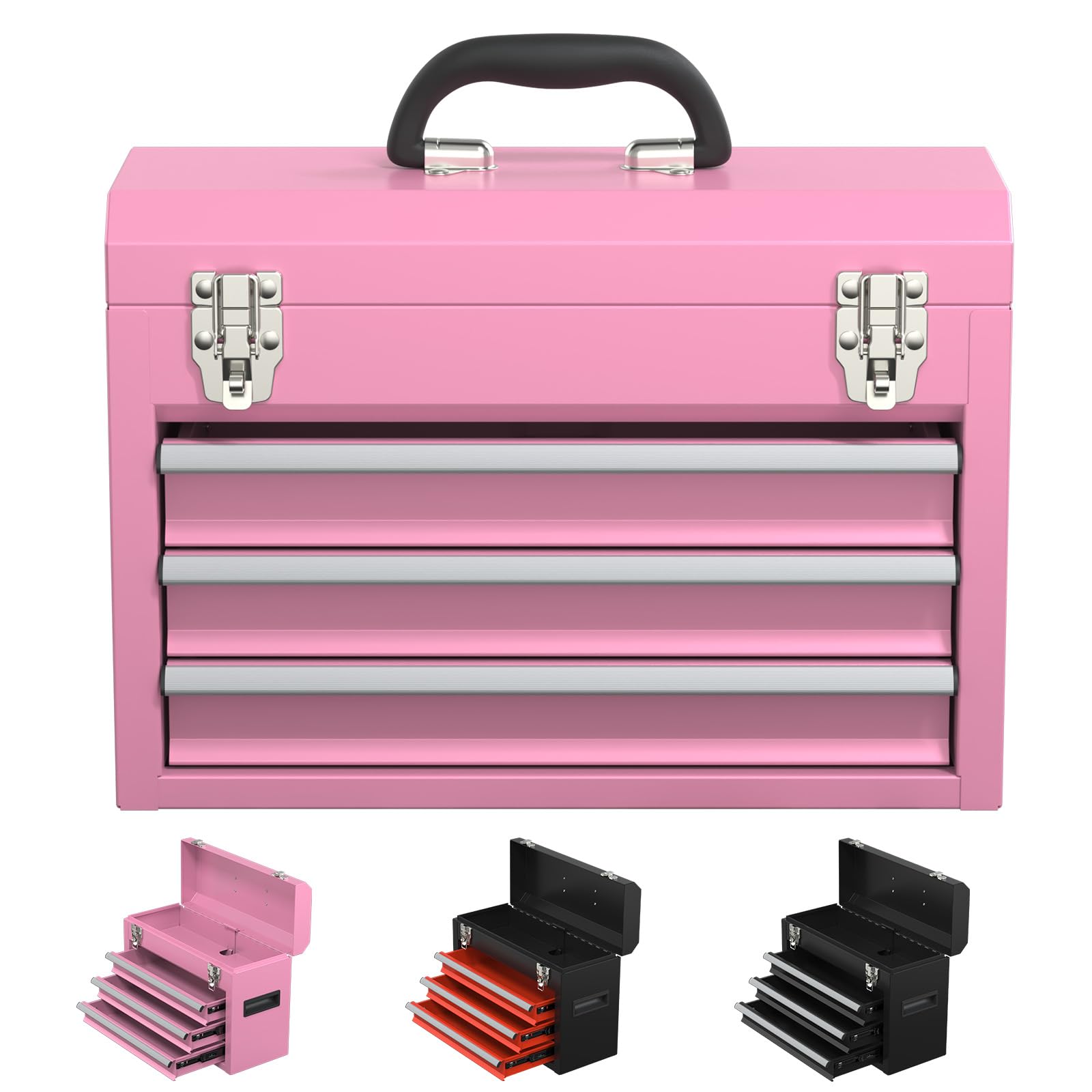 3 Drawers small Tool Box,Portable 3 Drawer Steel Tool Box with Locking System toolbox organization with Liner for Tools Storage (Pink)