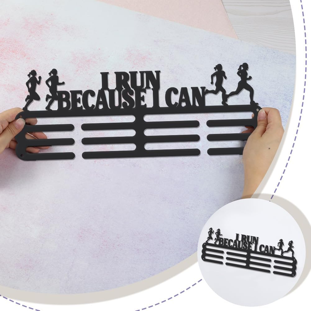 SUPERDANT Running Medal Holder Display I Run Because I Can Trophy Hanger Rack Motivational Text Sports Metal Wall Mount with No Hooks Hang Over 60 Medals Black Gifts for Kid