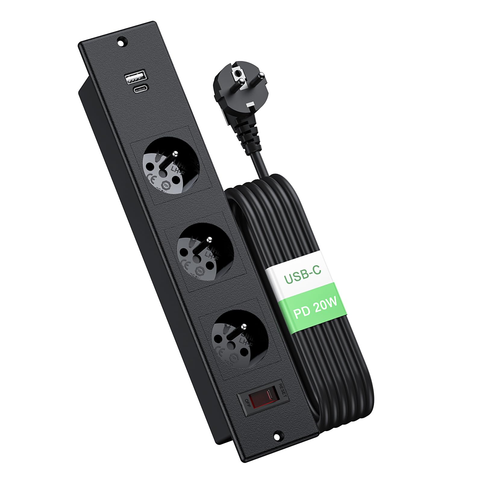 Prise Encastrable Plan de Travail, Dinolink Multiprise Encastrable avec 3 Prises, PD 20W USB A+C, Prise Electrique Encastrable avec Interrupteur de Surcharge, 16A/4000W, 2M Câble, Noir