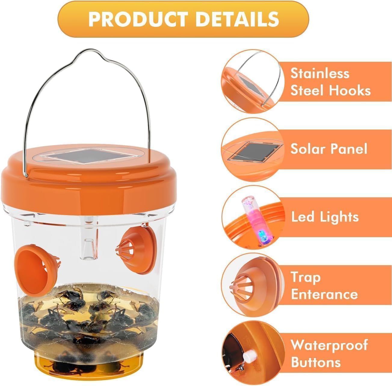 Wasp Traps for Hunting Wasps, Bees, Hornets, Insects, Yellow Jacket Traps, Wasp Trap Catcher, Reusable Solar Powered Hanging for Outdoor, 4 Packs