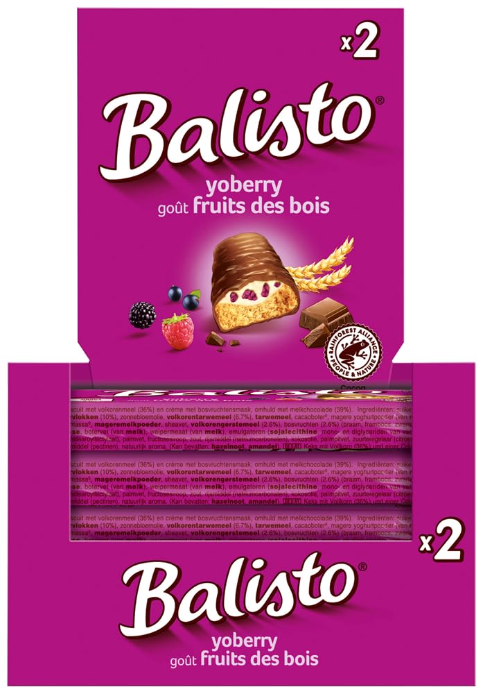 Balisto Riegel Yoberry 4x 20x27g Keks mit Vollkorn und einer Crème mit Waldbeerengeschmack, umhüllt von Milchschokolade - Schokoriegel Snack Schokolade