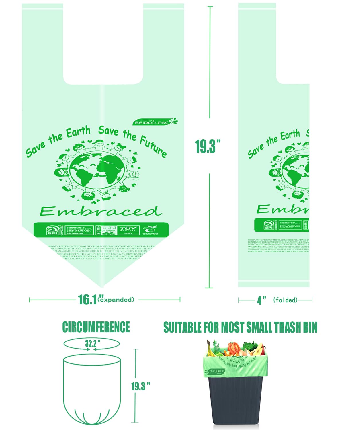 BEIDOU-PAC Bolsas de basura compostables de 1.6 galones con asa, 125 bolsas pequeñas de compost, bolsas de basura biodegradables para cocina, bolsas de basura de comida para cubo de encimera, ASTM