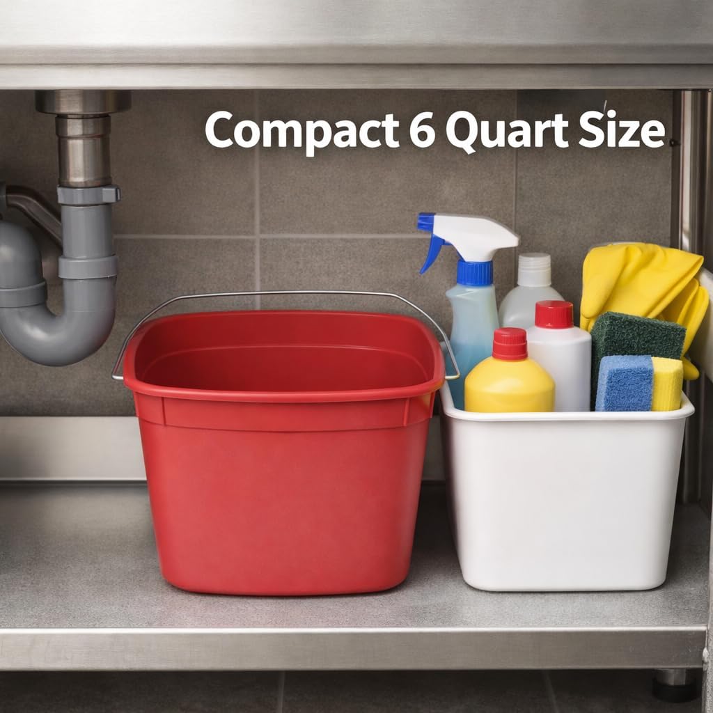 Sanitizer Pail Cleaning Bucket with Bail Handle, 6 Quart (1.5 Gallon) Red Sani Bucket, Made in USA, Commercial Plastic Sanitation Container for Restaurants & Janitorial Use, Heavy Duty, 12 Pack