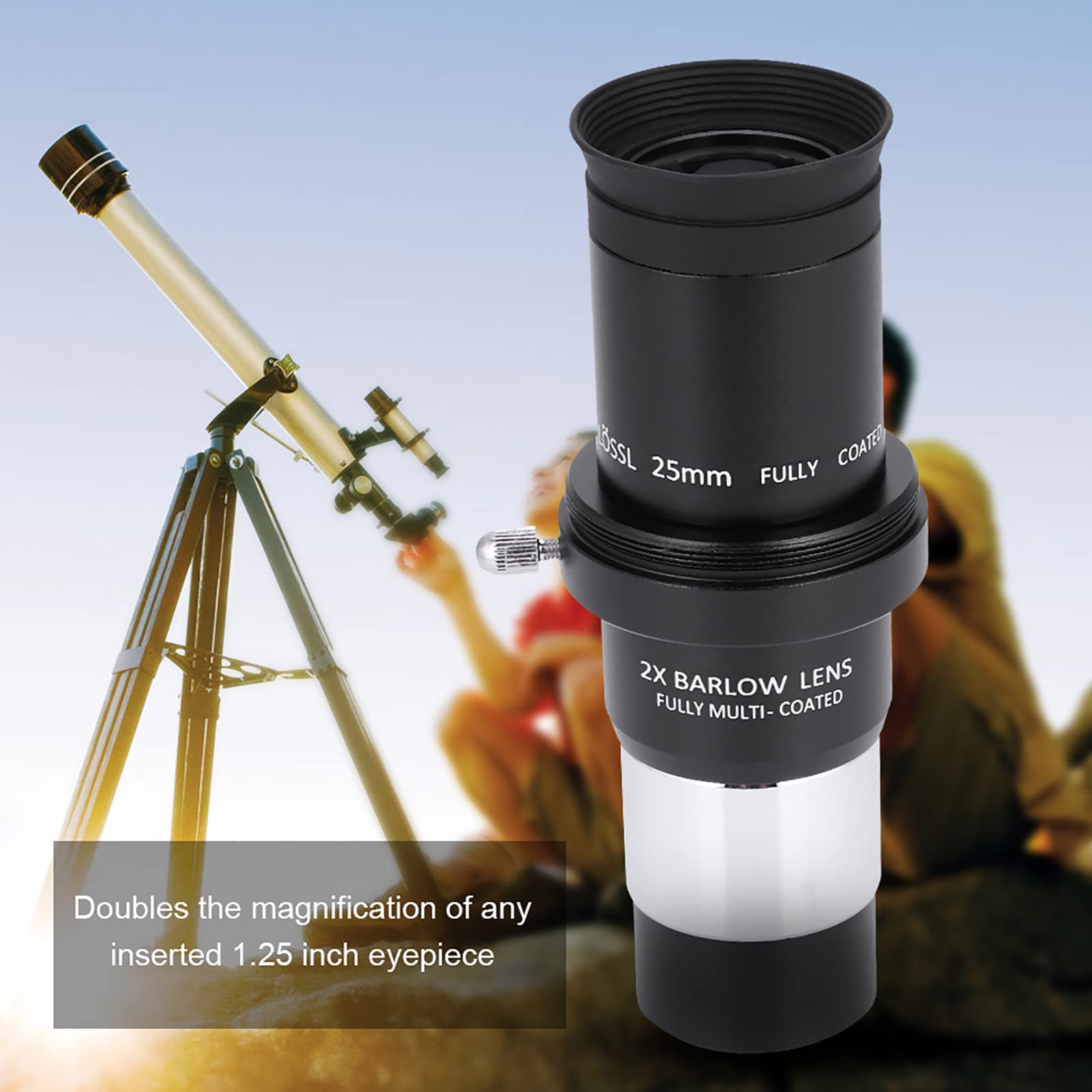 Set Oculare Telescopio Plossl da 1,25 Pollici per Astronomia, 4/10/25 Mm con Kit Lenti Barlow 2X, Multistrato, Interamente in Metallo, Protezione Oculare in Gomma Morbida, Riduce