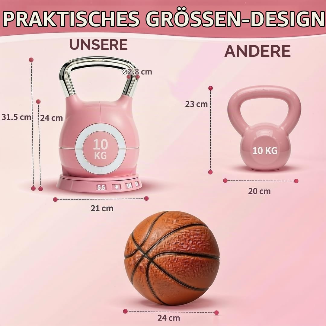 LIFERUN Kettlebell Verstellbare Hanteln Set 7 in 1 (10KG，Rosa) | Kugelhantel für Home Gym Gewicht Hantel Set mit 6 Stück Gewichtsscheiben Fitnessgeräte für Zuhause