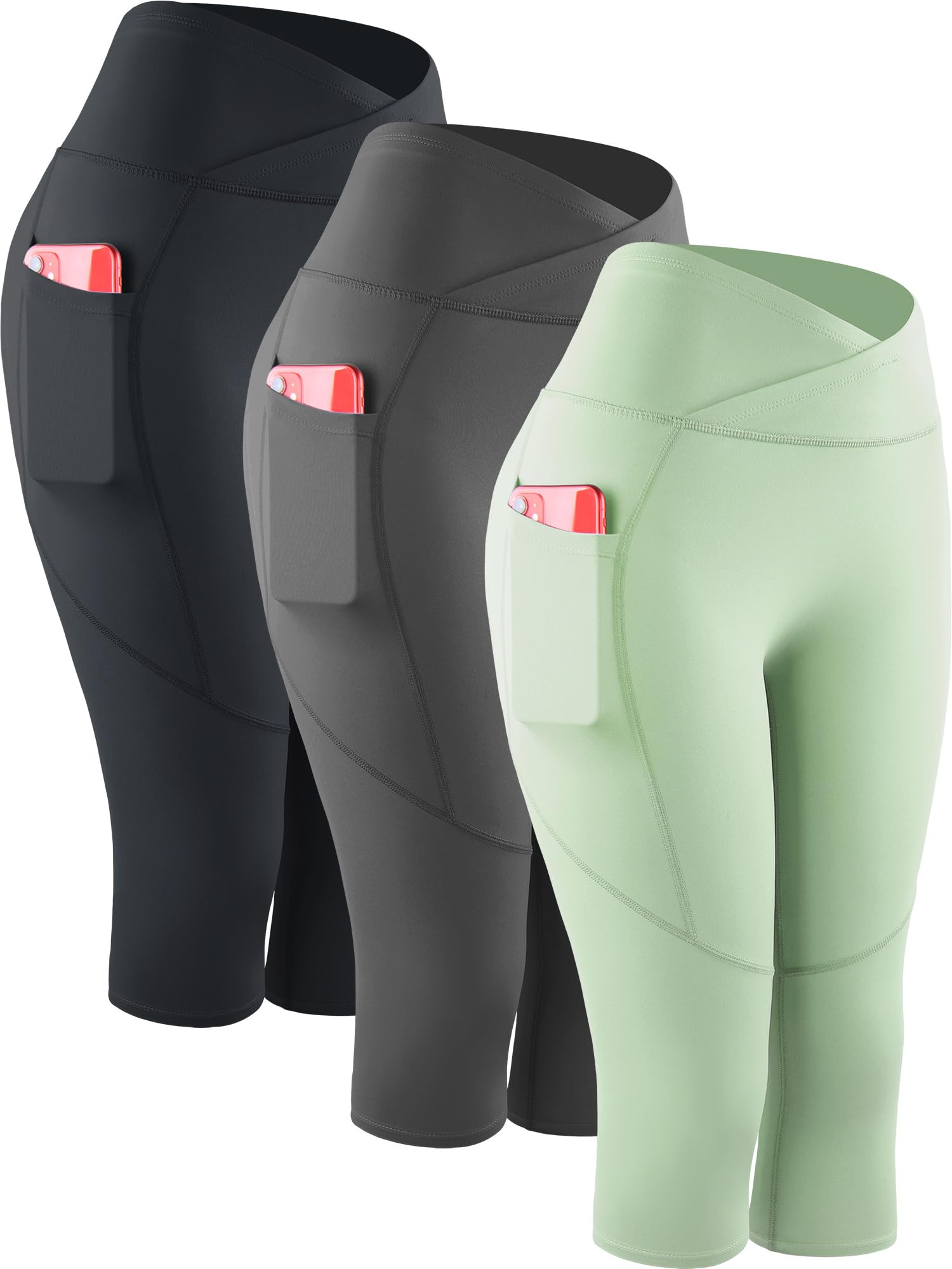 CADMUS Womens High Waist Workout Legging Capris for Yoga w Side Pockets