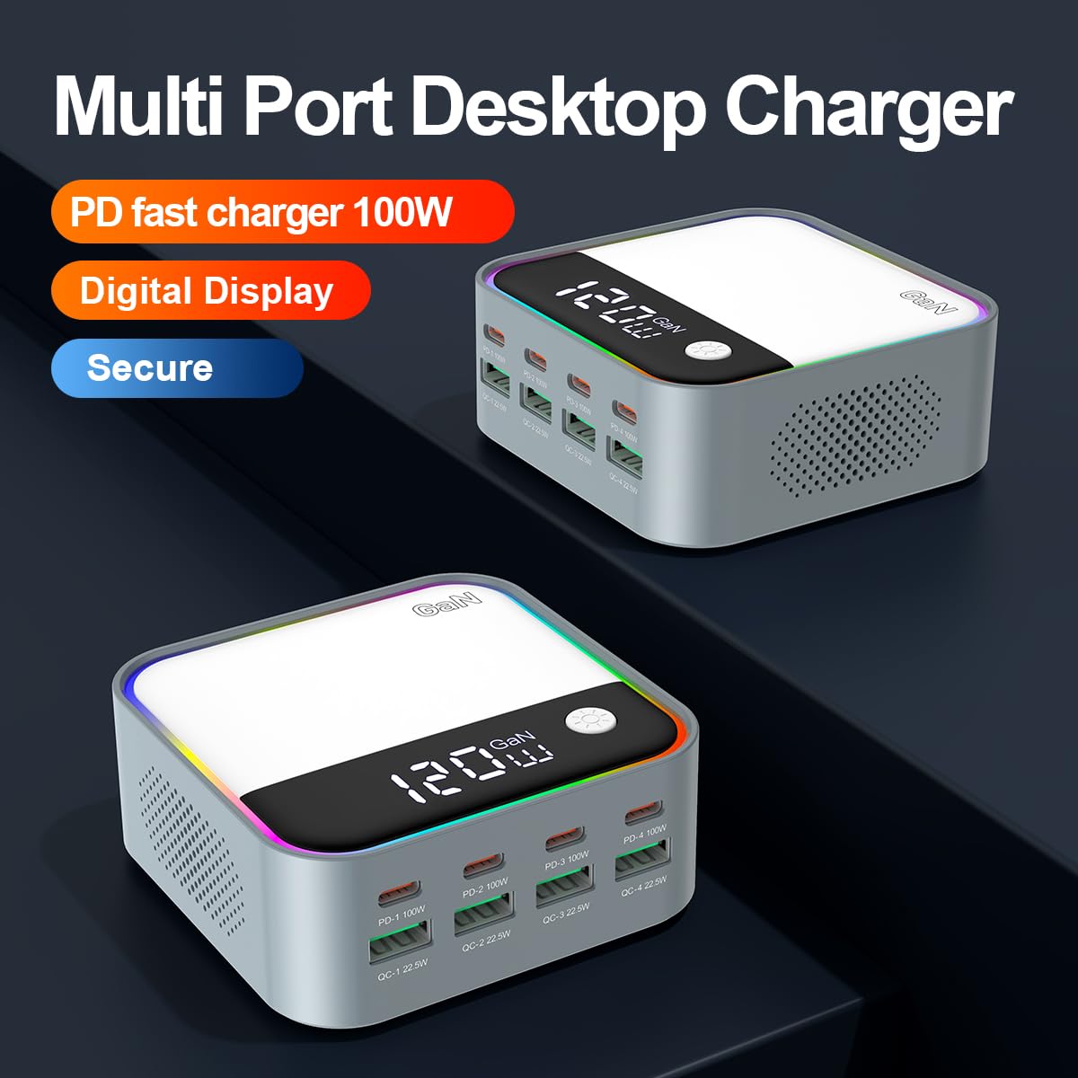 120W Chargeur rapide, station de charge USB C GaN à 8 ports avec port de charge rapide PD3.0 et QC3.0 de 100W et affichage numérique intelligent