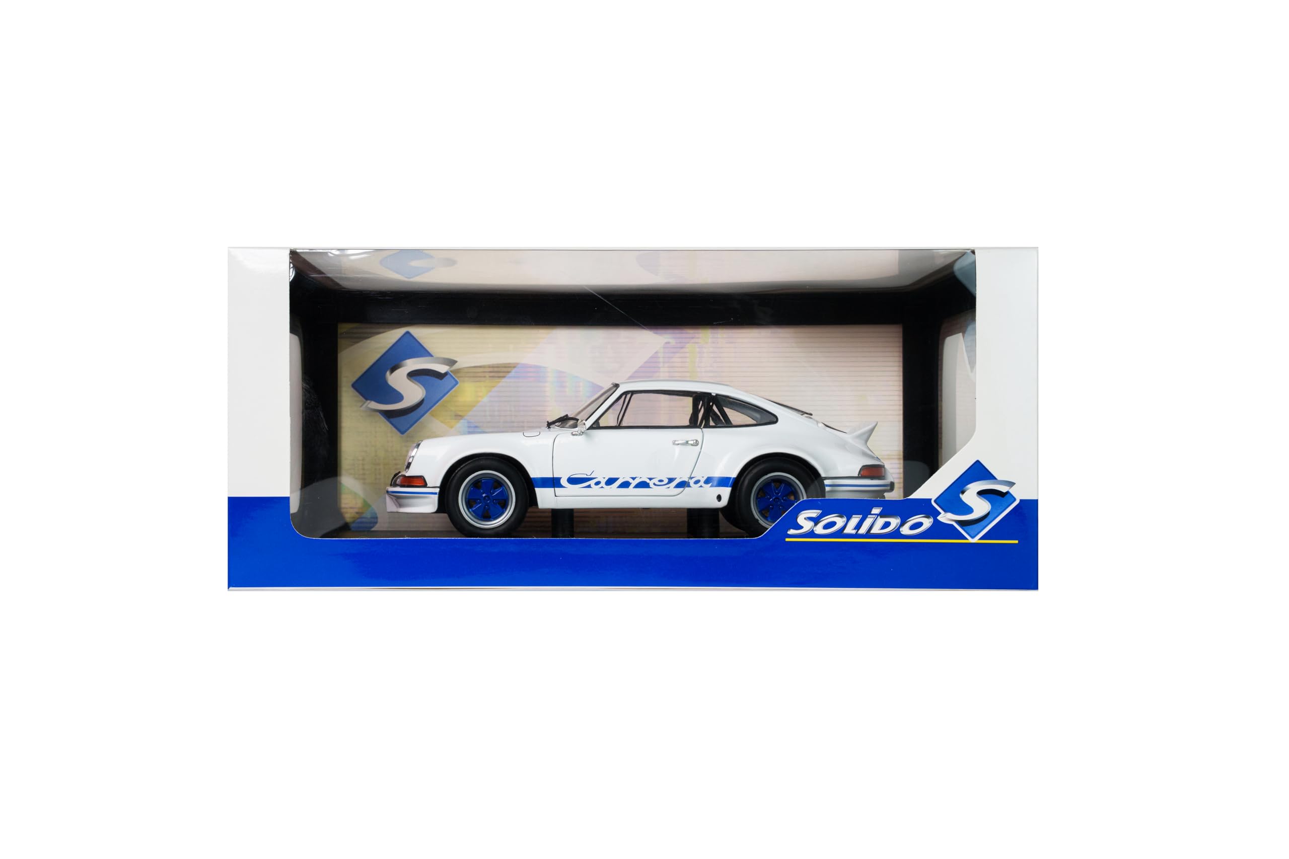 Solido Porsche 911 RSR 1973 – Diecast Voiture Miniature de Course Classique 911 avec décor Carrera, carrosserie détaillée et Jantes de Sport, Blanc avec des Accents Bleus, 1:18