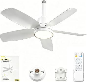 NWOP 28 Inch Socket Fan Light with Remote, 6 Speeds & 3 Colors Screw in Ceiling Fan, E26/E27 Light Socket Fan with Reversible Motor, Dimmable 3000K-6500K Socket Fan for Bedroom Kitchen Garage, White