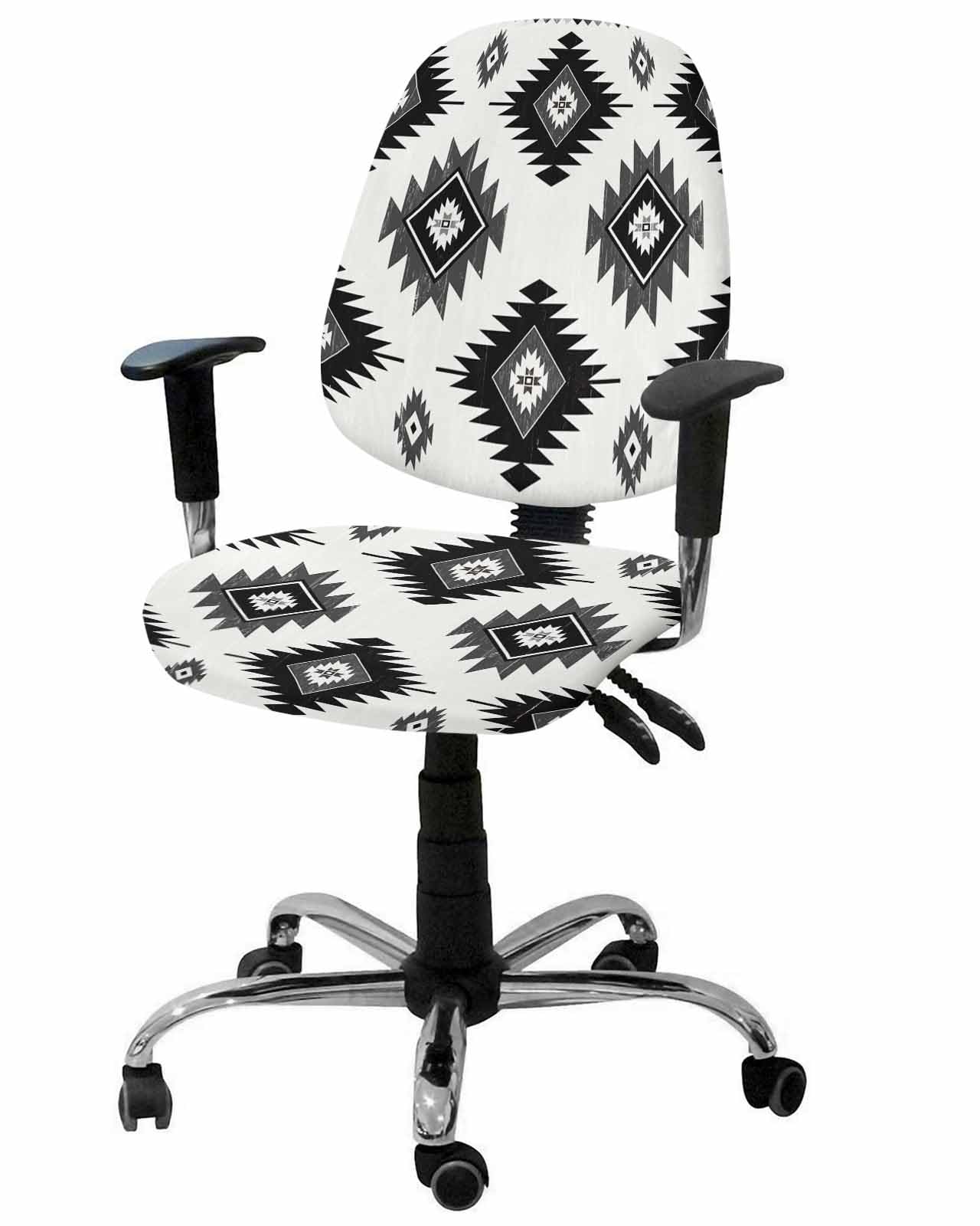 Black Aztec 2 Pieces Computer Office Chair Covers Set,Stretchable Desk Rotating Chair Seat Cushion Slipcover Back Covers,Southwest Boho Tribal Abstract Geometric Slipcover Back Cover,Protectors Cover