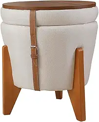 Puff flex Linho Claro 3 em 1 Baú e Mesa de Centro Pés Madeira Maciça