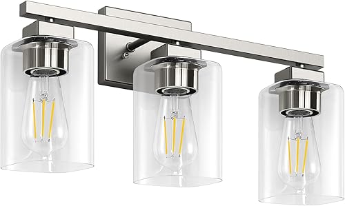 Miniatura 8 de Lámpara de tocador de baño, 3 luces de 19 pulgadas de níquel cepillado moderno mate con pantalla de vidrio transparente, lámparas de pared, lámparas