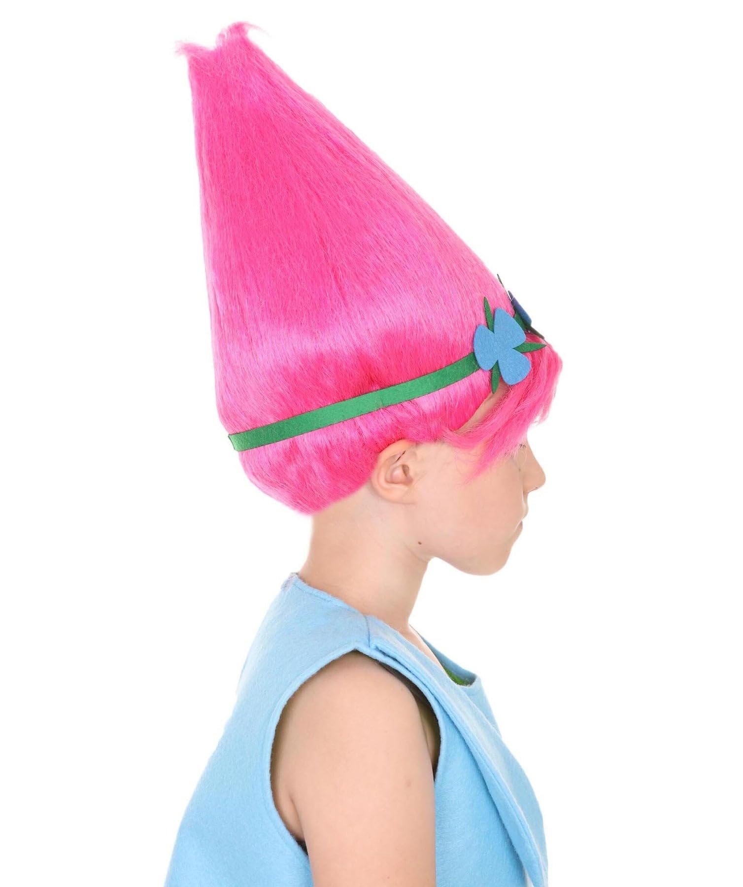 HPO Vibrant Pointed Princess Troll Pink Pointy Wig with Green and Blue Floral Crown for, Universal Design Flame-retardant Fiber - Image 4