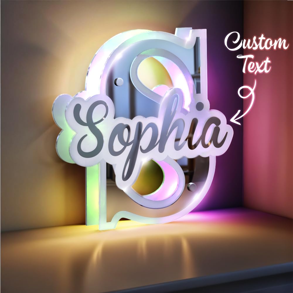VEELU Personalised LED Acrylic Mirror Letter Initials Night Light, Custom Light Up Letter Mirror, 12 Color LED Light Up Bedroom Wall Decoration, for Mom Friend Wife