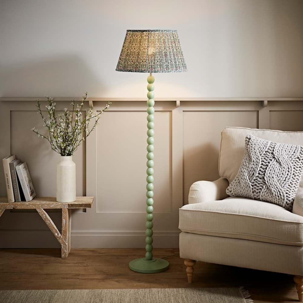 Valuelights Unisex Pale Green Bobbin Bobbles Floor Lamp And Floral Pleated Taper Lamp Shade And Bulb In