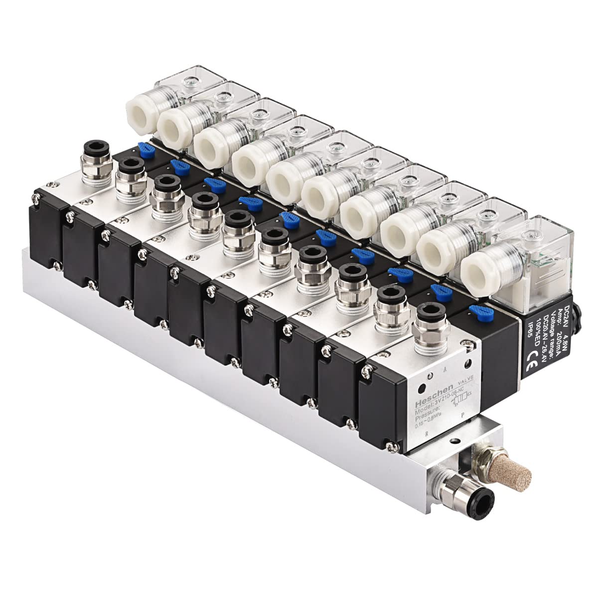 Heschen Válvula solenoide neumática eléctrica 10, 3V210-08, DC24V, PT1/4, 3/2 vías, conjunto de accesorios rápidos de silenciador base colector