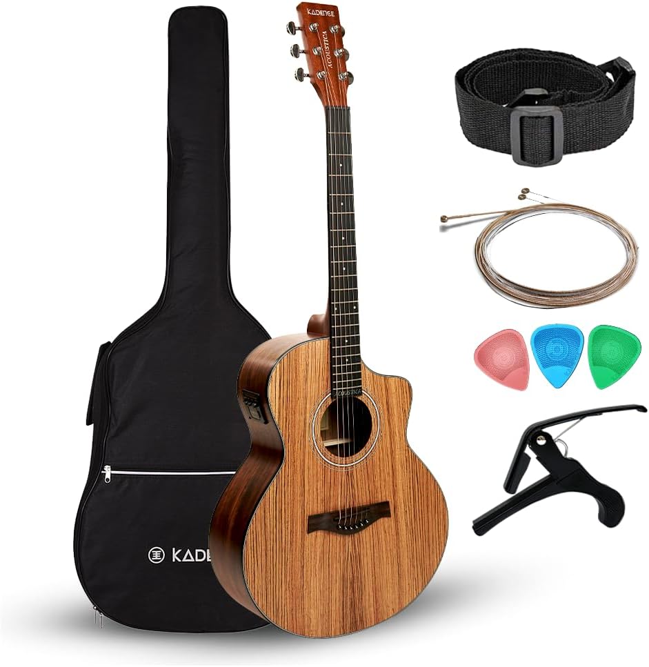 Kadence Electric Acoustic Guitar A05EQN (Zebra Wood) - Semi Acoustic Guitar,Inbuilt Tuner, Capo, Strings, Picks, Strap, Cable and Padded bag - Electro Guitars for Beginners & Professionals