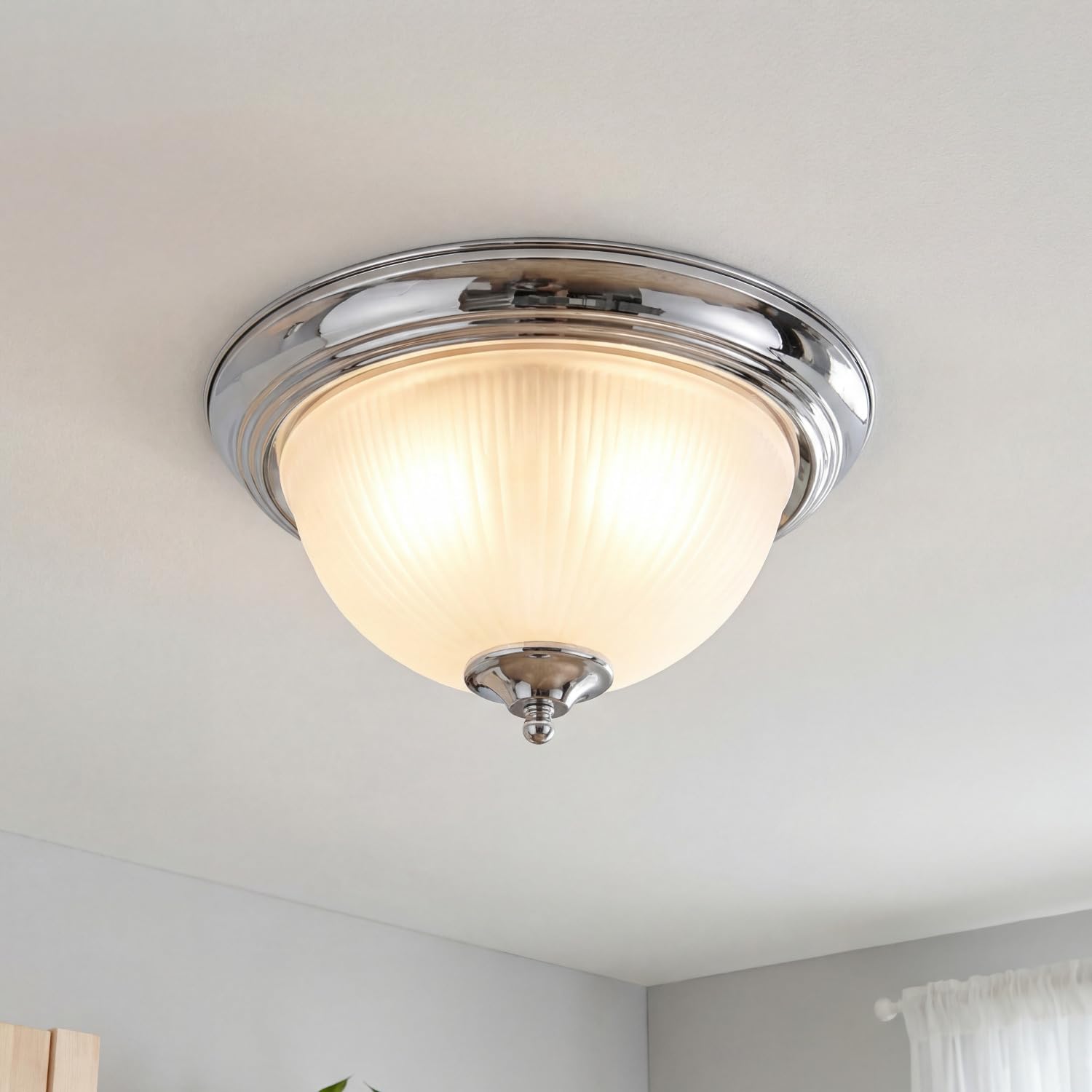 Licht-Erlebnisse Deckenlampe Glas Metall in Chrom IP44 Bad Küche Esszimmer L:29 cm E14 bis 60 W rund 2-flammig stilvoll Vintage Design Deckenleuchte Badezimmer