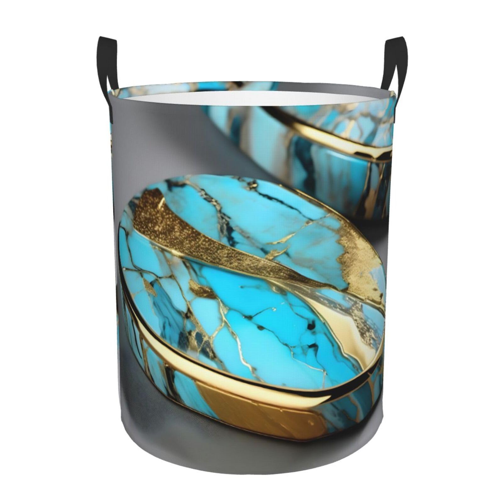 M Collapsible Laundry Hamper Round Turquoise Marble Print Storage